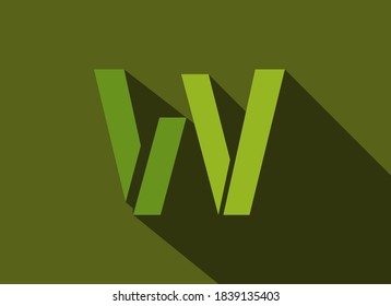 W Letter with long shadow, green colors cutting style. For logo, brand label, design elements, corporate identity, application & more. Vector editable illustration.