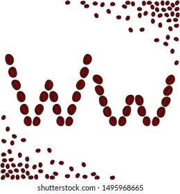W letter made from coffee beans. Characters made from coffee beans. Coffee lettering isolated on white background. Letters for coffee shop