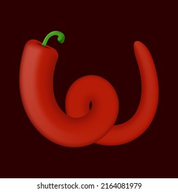 W letter made of red chilli pepper. Isolated vegetable vector organic typeface for farm design elements, restaurant menu and more