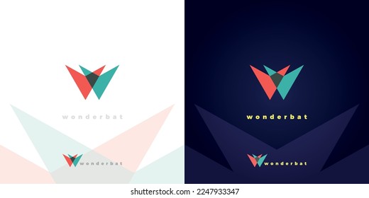 W letter mark in shape of a bat with red, yellow and turquoise colors on a dark blue background