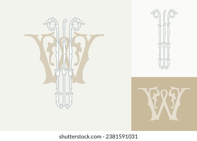 W letter marriage monograms for bride and groom names. Wide and Narrow capitals. Initials with thin swirled lines and lush foliage patterns. Perfect for wedding, anniversary, birthday invitation.