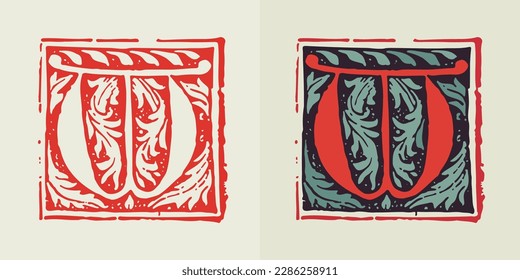 W letter medieval gothic initial. Blackletter style drop cap logo. Dim colored and monochrome square shaped illuminated calligraphy. Perfect for Middle Ages poster, vintage identity, historical items.