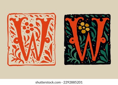 W letter medieval grunge gothic initial. 16th century engraved drop cap. Blackletter style vintage font. Middle Ages capital alphabet with floral ornament. Vector square shaped illuminated calligraphy