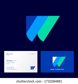 W letter. W monogram consist of different color wide elements. Web, UI icon. Identity. Business card.