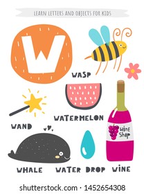 W letter objects and animals including wasp, whale, wand, watermelon, wine, water drop. Learn english alphabet, letters, words for kids