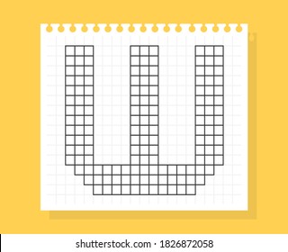 W letter on notepad sheet of squared paper, made of squares. Vector illustration