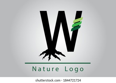 W Letter with root and leaves. Logo Design with Green Leaves on a Branch. Nature concept symbol. Eco and Organic Letter Vector Illustration.