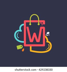 W letter with shopping bag and hearts icon. Vector design element for tag, card, corporate identity, label, sticker or poster.