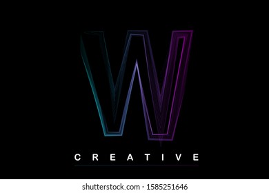 W letter with smoke fine curved lines in blue and purple. Vector illustration letter for logo, label, monogram, cover, emblem, company name, font, business sign, icon or web page graphic design. 