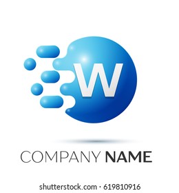 W Letter splash logo. Blue dots and circle bubble letter design on grey background. Vector Illustration