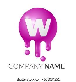 W Letter splash logo. Purple dots and bubbles letter design on grey background. Vector Illustration.