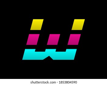 W letter vector desing, Cmyk color font logo, . Dynamic split blue, pink, yellow color on black background. For social media,design elements, creative poster, web template                   
