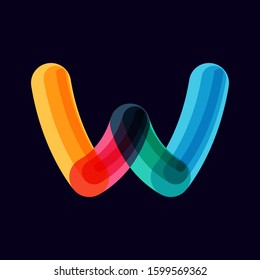 W letter vivid logo with overlapping lines on black background. Vector typeface for vibrant identity, nightlife, techno sphere.