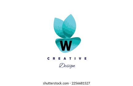 W letter water color blue brush artwork logo icon with elegant circle creative vector design on white background