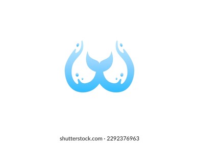 W letter and whale flat logo design with blue water splash effect
