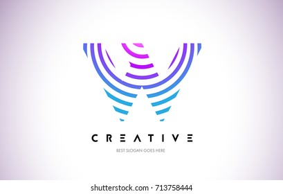 W Lines Warp Logo Design.Vector Letter Icon Made with Purple Circular Lines.