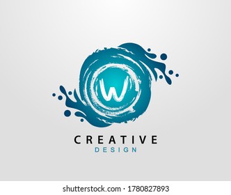 W Logo With Blue Splash Element. Blue Wave logo design template.