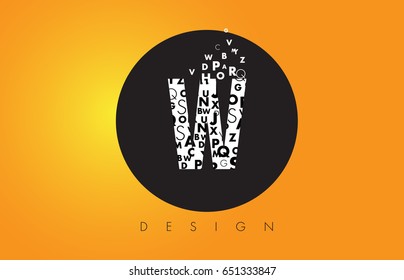 W Logo Design Made of Small Letters with Black Circle and Yellow Background.