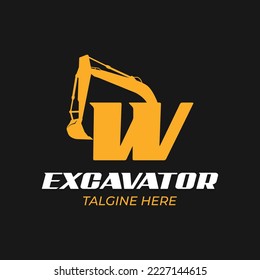 W logo excavator for construction company. Heavy equipment template vector illustration for your brand.