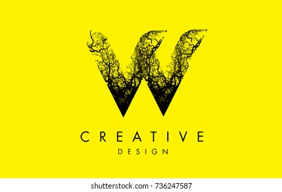 W Logo Letter Made From Black Tree Branches. Tree Letter Design with Minimalist Creative Style.