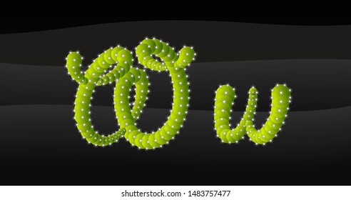 w Lowercase & Capital 3D Cactus Alphabet on black desert blackground, letters vector illustration