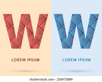W ,Luxury font, designed using red and blue line square geometric shape, hot and cool tone, logo, symbol, icon, graphic, vector.