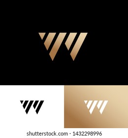 W Monogram. Gold Logo Consist of Parallel Geometric Shapes on Different backgrounds. Premium Emblem For Business. 