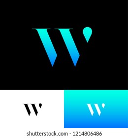 W monogram. W logo. Blue letter with drop, isolated on a dark background. Monochrome option.