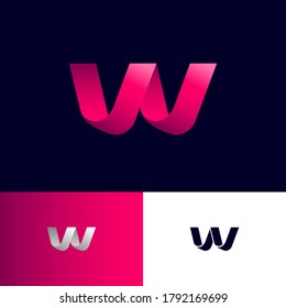 W monogram. W origami logo. W letter like bent pink silk ribbon on a different backgrounds. Logo can be used for business, web, network, clothes, sport 