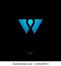 W monogram. Water logo. Blue letter with drop, isolated on a dark background. Monochrome option.