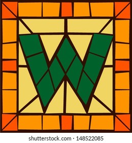 W - Mosaic alphabet capital letters, stained glass windows with frame or tile design, vector illustration