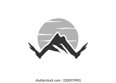 W mountain initial logo design rocky mountain with sunset scene view