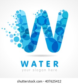 W name logotype. Isolated abstract design. Stained-glass colored trendy graphic template. Pure clear drinking blue bubbles bunch. Corporate healthcare branding identity. Washing blue sparkling sign.