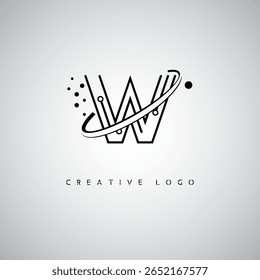 Logotipo del monograma de W Orbit: marca de letra mínima futurista con arte de línea circular, puntos inspirados en la tecnología y concepto de movimiento espacial para la identidad de marca moderna
