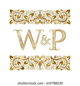 W and P vintage initials logo symbol. The letters are surrounded by ornamental elements. Wedding or business partners monogram in royal style.
