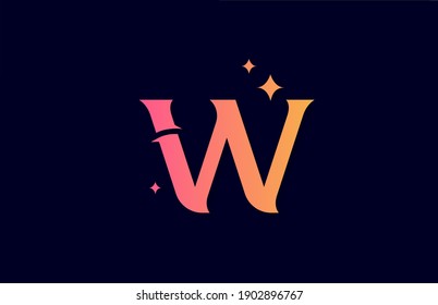 W pink yellow gradient alphabet letter logo for company with stars. Branding for lettering and identity. Creative template design for business icon