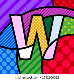 W Pop Art modern design alphabet letter. Comic style font in modern trendy colors. ABC lettering. Cartoon graphic letter for kids and your design. Halftone background and texture. 