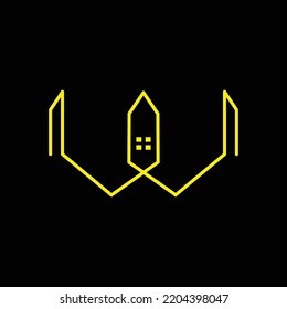 El logo de la propiedad W A está en forma de casa y edificio amarillos
