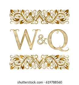 W and Q vintage initials logo symbol. The letters are surrounded by ornamental elements. Wedding or business partners monogram in royal style.