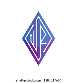 W R Initial letter block chain logo icon vector template. Looping mono line circuit letter on rhombus cube logo