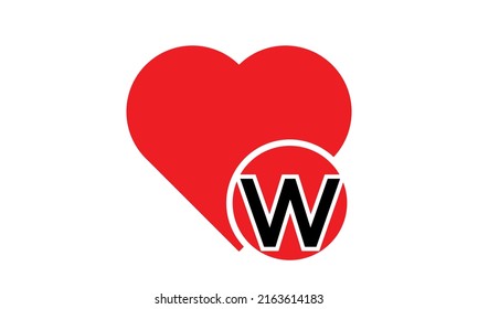 W with Red love shape. Love letter W logo vector design for valentines day sale background with heart icon