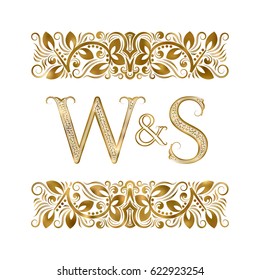 W and S vintage initials logo symbol. The letters are surrounded by ornamental elements. Wedding or business partners monogram in royal style.