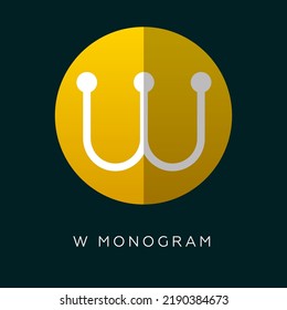W symbol. Yellow folded paper circle and letter with dots.  App icon. Social media icon.