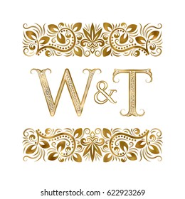 W and T vintage initials logo symbol. The letters are surrounded by ornamental elements. Wedding or business partners monogram in royal style.