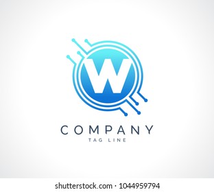 W Technology Circuit Alphabet. Logo. Simple, modern, futuristic. With Blue Gradation Color.