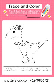 W Tracing word for dinosaurs and coloring trace worksheet for kids to practice writing skills with the word Wannanosaurus