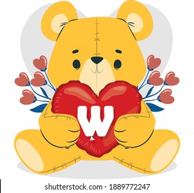 W, Valentine's day, cute bear, and alphabet.