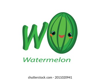 W for Watermelon Alphabet Vector illustration. Fruit and Vegetables Name Alphabet symbol. Kids Nursery isolated on white background, Clip Art, Cute, Cartoon ABC