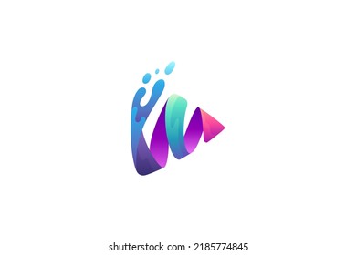 W wave media play logo with ribbon design style