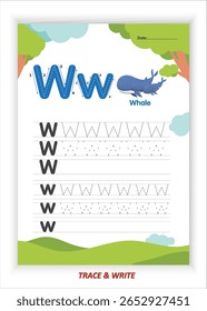 W para Whale Alphabet Tracing and Writing Practice for Kids Printable EPS Vetor File with Whale Themed Letter W Activities Planilhas de caligrafia pré-escolar e Kindergarten Belas habilidades motoras